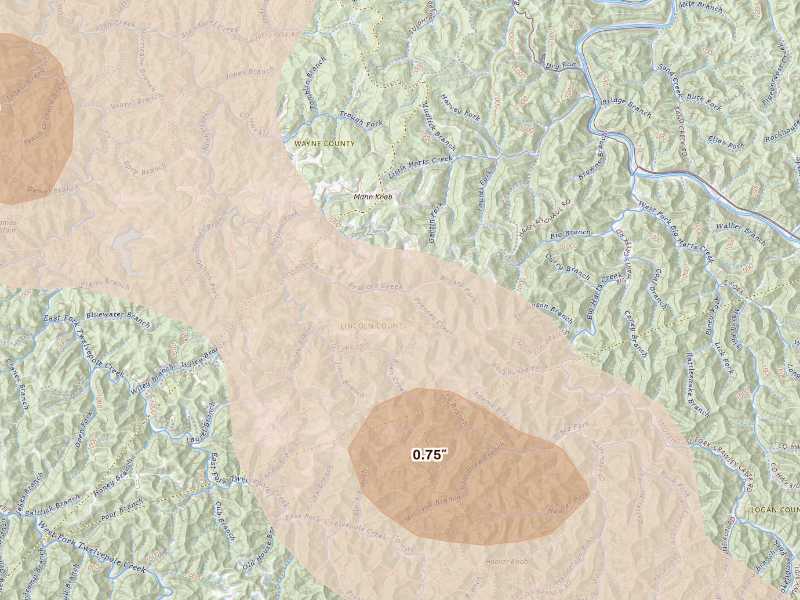 Radar-estimated hail-size map of the storm over Harts, WV