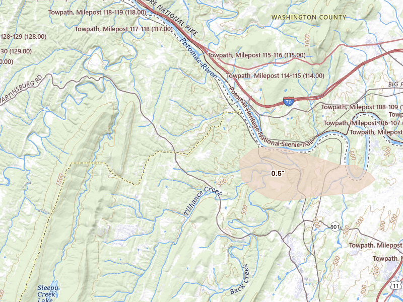 Radar-estimated hail-size map of the storm over Hedgesville, WV on Apr 1, 2026