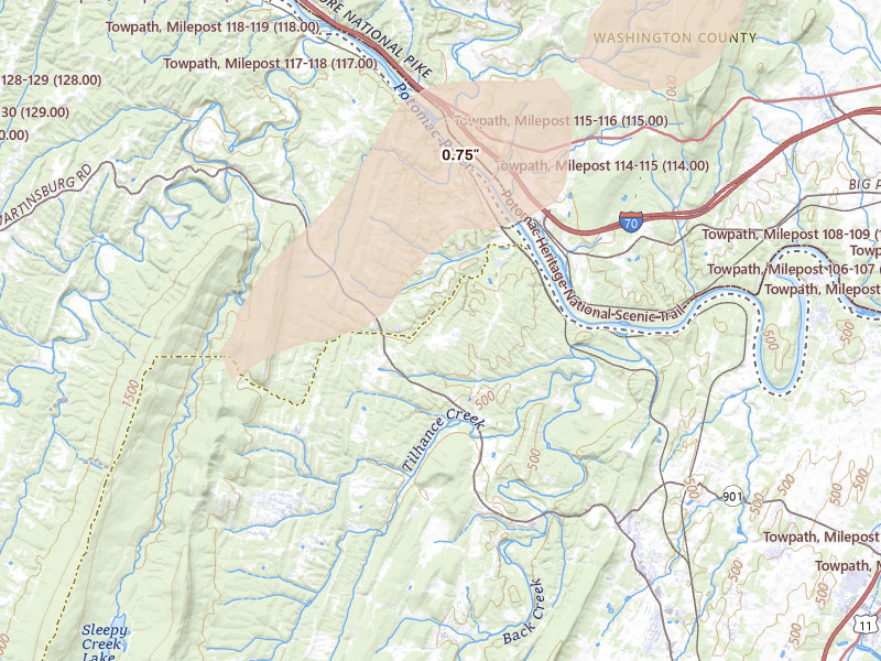 Radar-estimated hail-size map of the storm over Hedgesville, WV on Jun 14, 2026