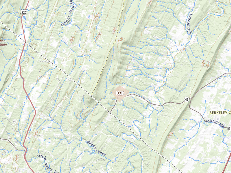 Radar-estimated hail-size map of the storm over Hedgesville, WV on Aug 8, 2026