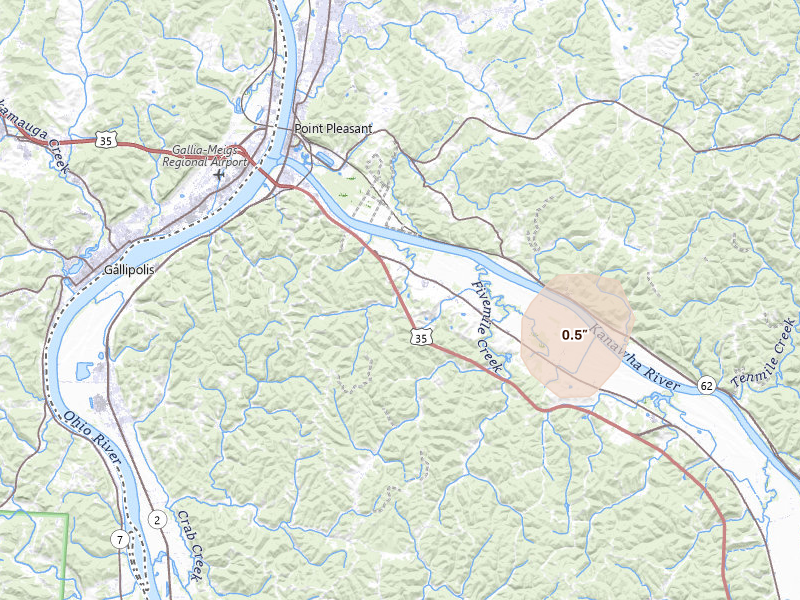 Radar-estimated hail-size map of the storm over Henderson, WV on Jul 5, 2026