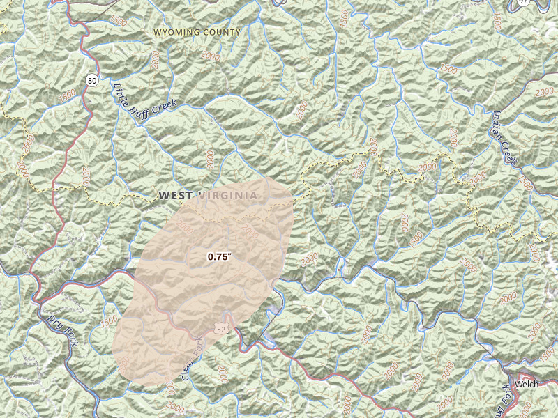 Radar-estimated hail-size map of the storm over Hensley, WV on Aug 27, 2026