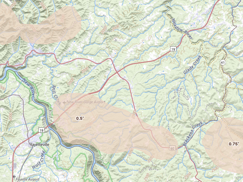 Radar-estimated hail-size map of the storm over Hico, WV on Aug 10, 2026