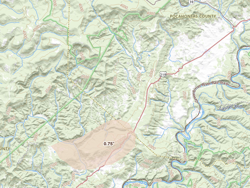 Radar-estimated hail-size map of the storm over Hillsboro, WV on Jun 12, 2026