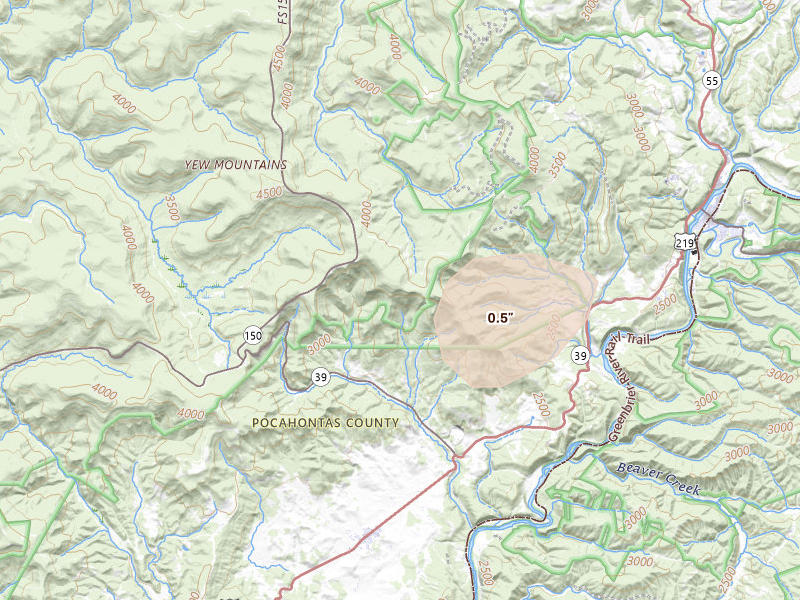 Radar-estimated hail-size map of the storm over Hillsboro, WV on Aug 22, 2026