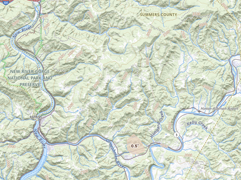 Radar-estimated hail-size map of the storm over Hinton, WV on Jun 12, 2026