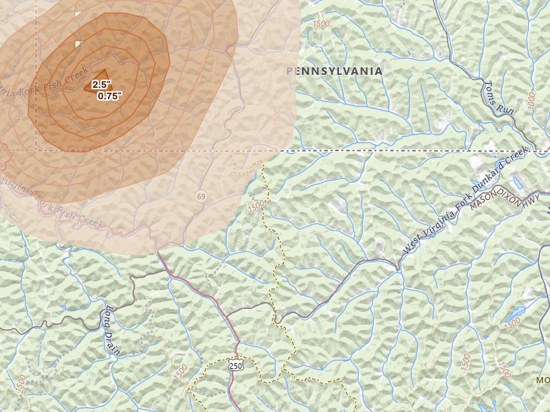 Radar-estimated hail-size map of the storm over Hundred, WV on Jul 4, 2026