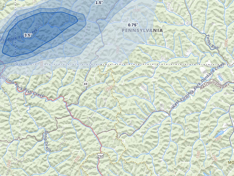 NEXRAD radar-signature map of the hail storm over Hundred, WV on Jul 4, 2026