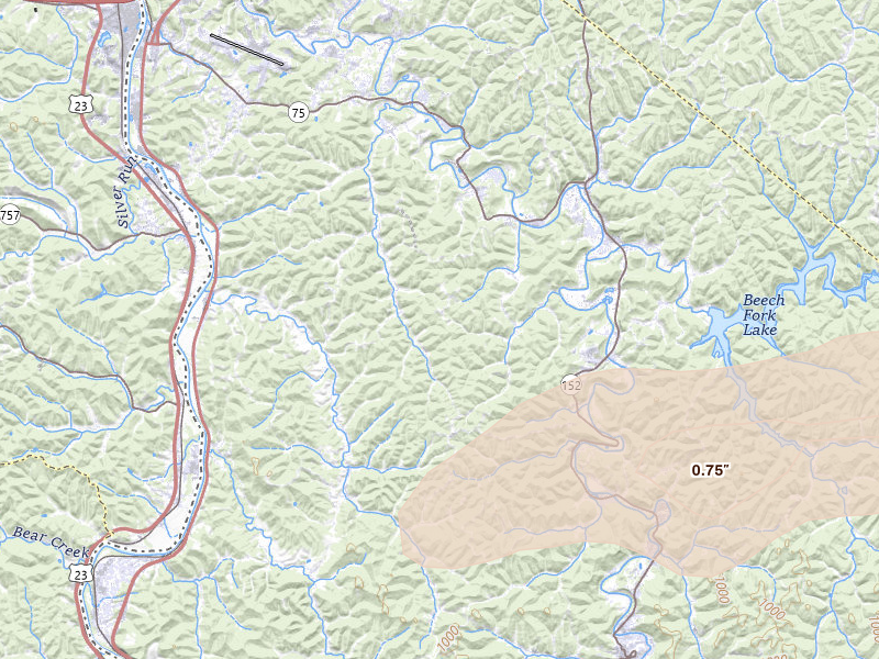 Radar-estimated hail-size map of the storm over Huntington, WV on May 20, 2026
