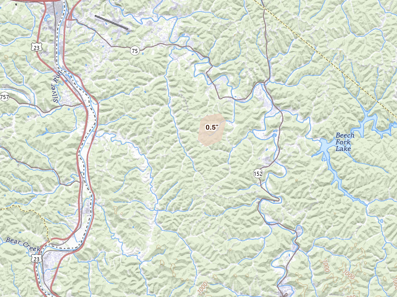 Radar-estimated hail-size map of the storm over Huntington, WV on Aug 4, 2026