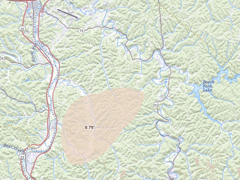 Radar-estimated hail-size map of the storm over Huntington, WV on Aug 5, 2026