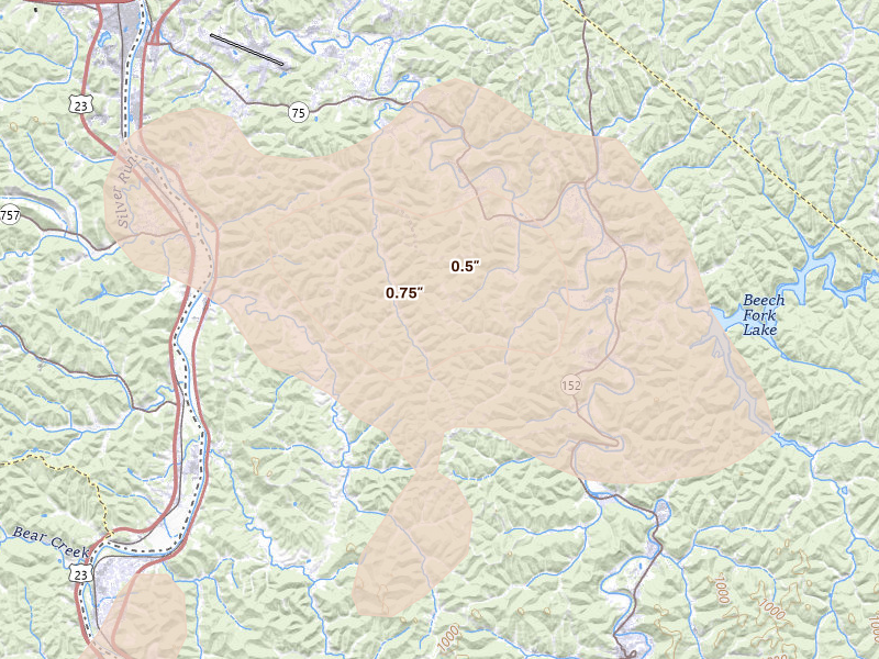Radar-estimated hail-size map of the storm over Huntington, WV on Aug 11, 2026