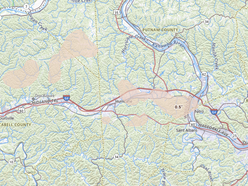 Radar-estimated hail-size map of the storm over Hurricane, WV on Aug 16, 2026