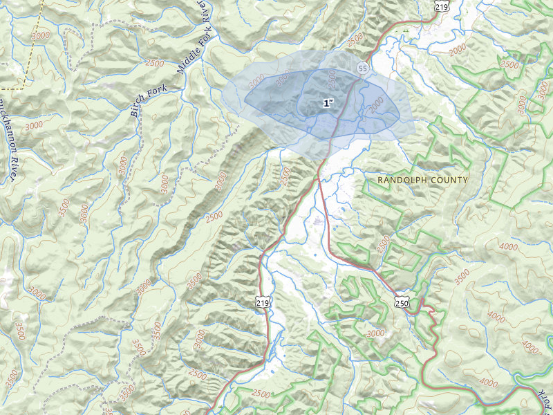 NEXRAD radar-signature map of the hail over Huttonsville, WV