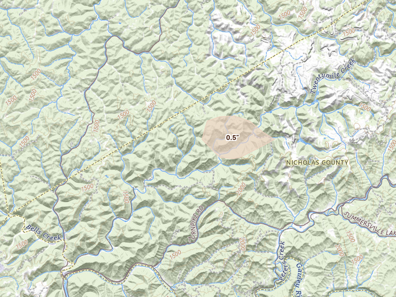 Radar-estimated hail-size map of the storm over Indore, WV on Jun 11, 2026