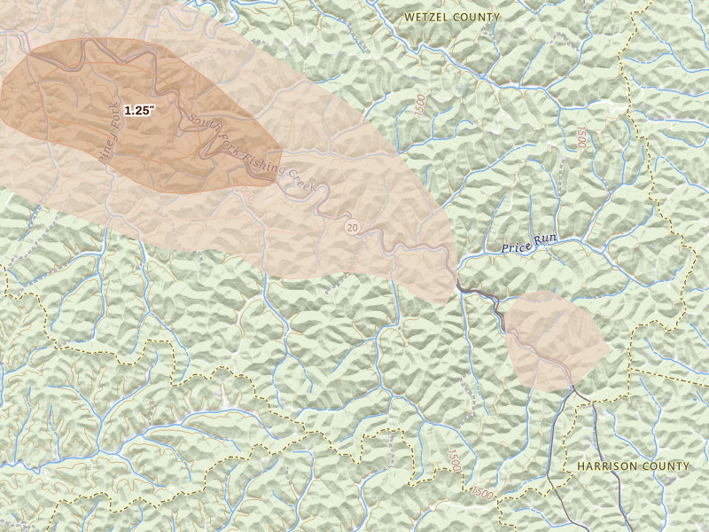 Radar-estimated hail-size map of the storm over Jacksonburg, WV on May 27, 2026