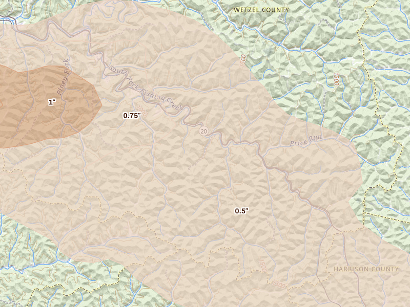 Radar-estimated hail-size map of the storm over Jacksonburg, WV on Jul 21, 2026