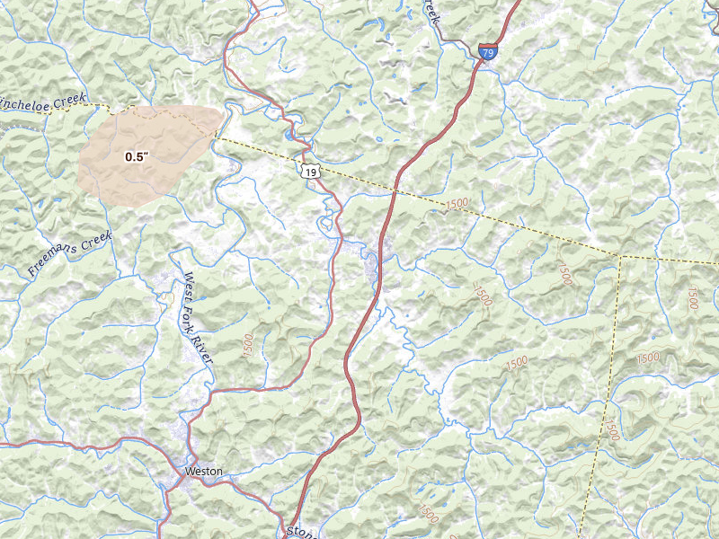 Radar-estimated hail-size map of the storm over Jane Lew, WV on Jul 4, 2026