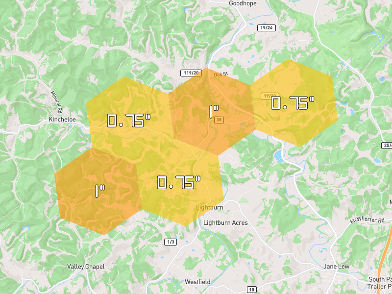 Hail map of Jane Lew, WV on Jul 4, 2026, hail up to 1"