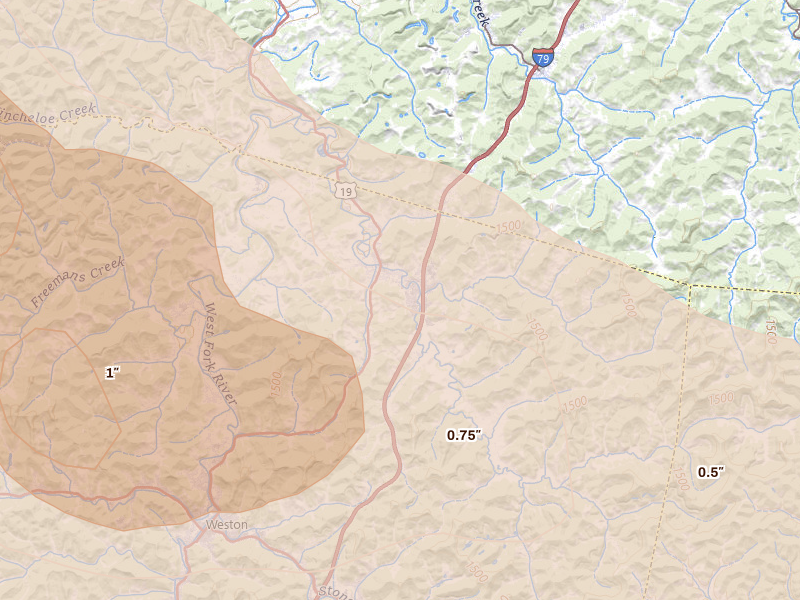 Radar-estimated hail-size map of the storm over Jane Lew, WV on Jul 21, 2026
