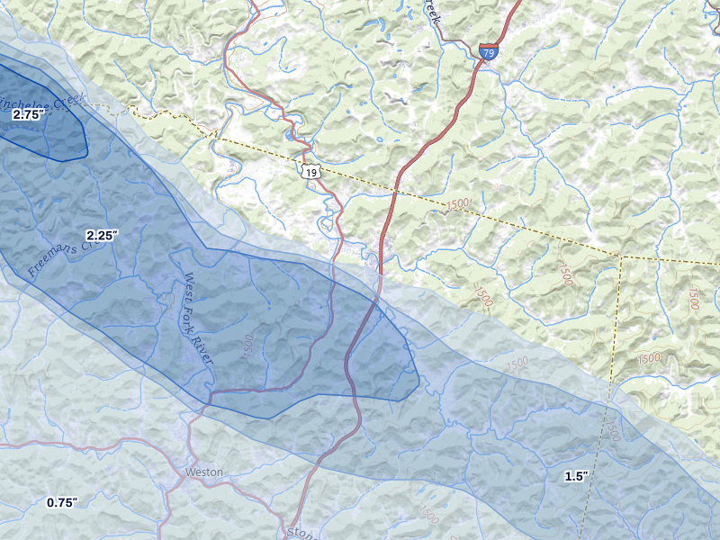 NEXRAD radar-signature map of the hail over Jane Lew, WV