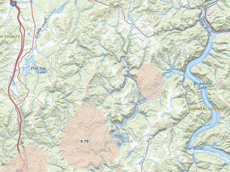 Radar-estimated hail-size map of the storm over Jumping Branch, WV on Jul 4, 2026
