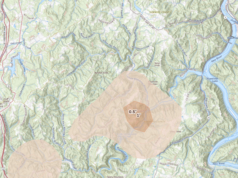 Radar-estimated hail-size map of the storm over Jumping Branch, WV