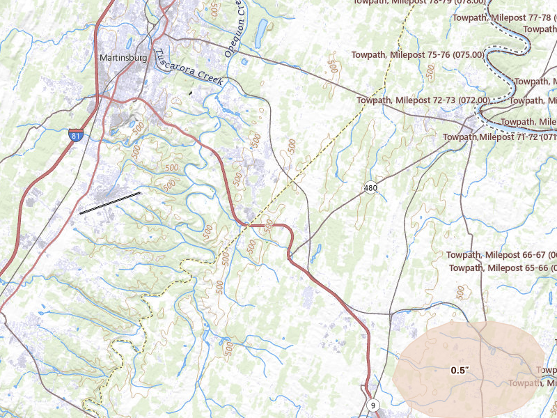 Radar-estimated hail-size map of the storm over Kearneysville, WV on Jul 4, 2026