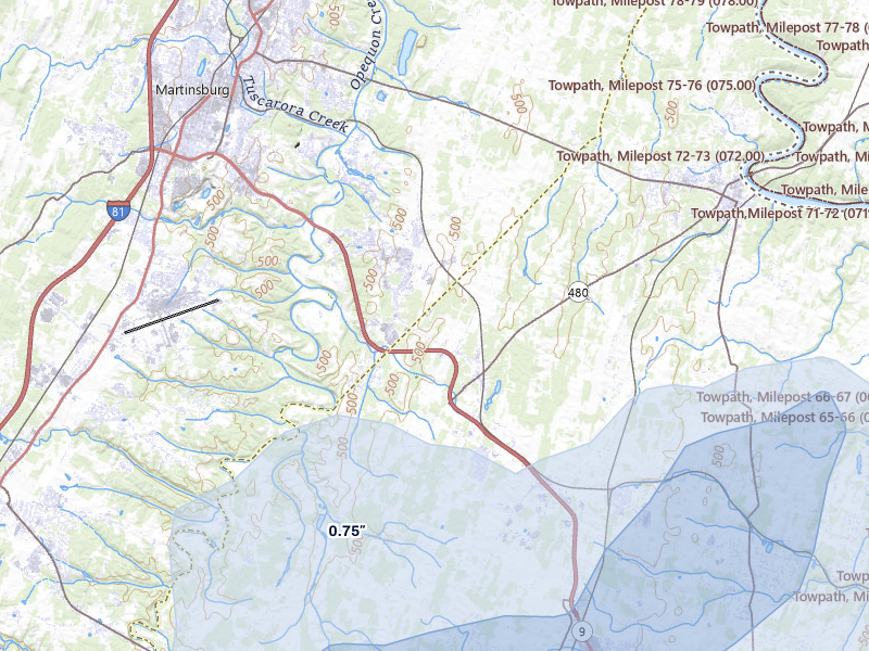 NEXRAD radar-signature map of the hail over Kearneysville, WV