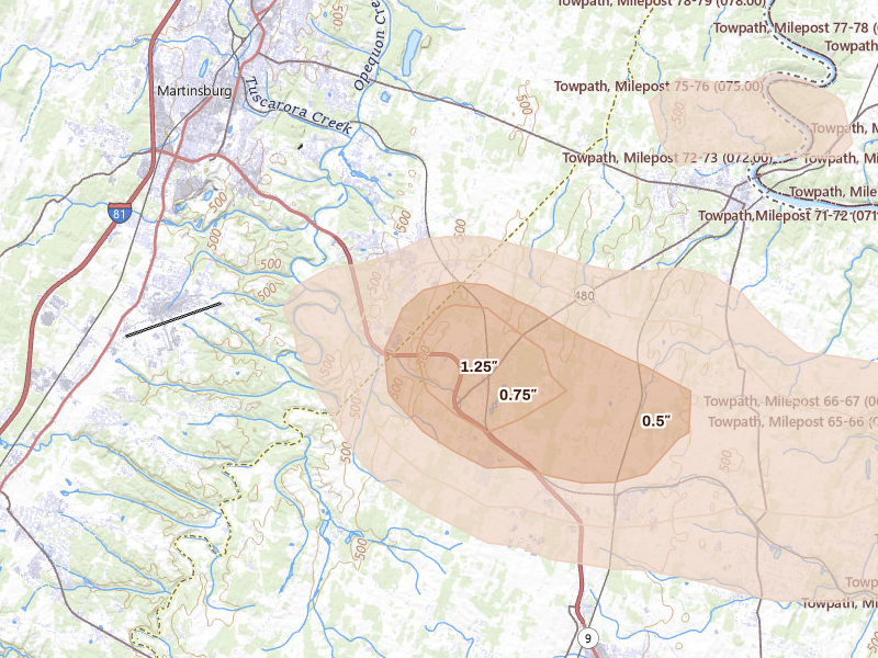 Radar-estimated hail-size map of the storm over Kearneysville, WV on Jul 28, 2026