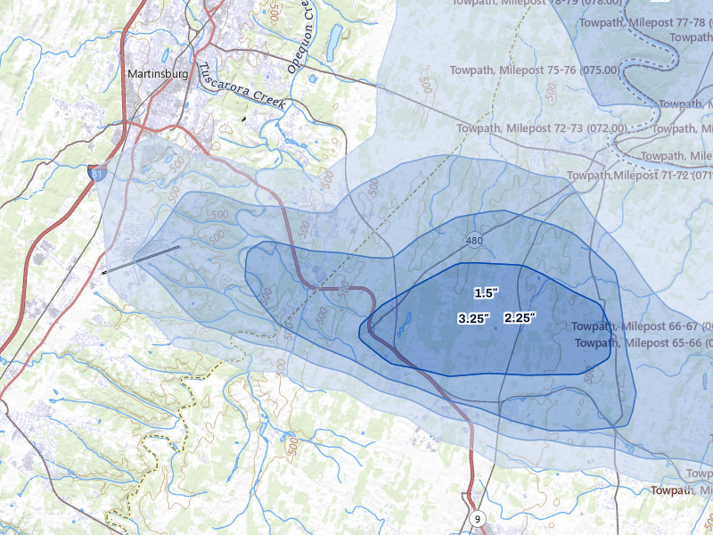 NEXRAD radar-signature map of the hail storm over Kearneysville, WV on Jul 28, 2026