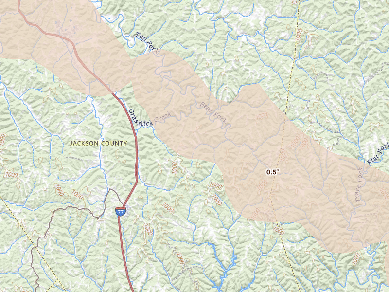Radar-estimated hail-size map of the storm over Kenna, WV on Aug 10, 2026