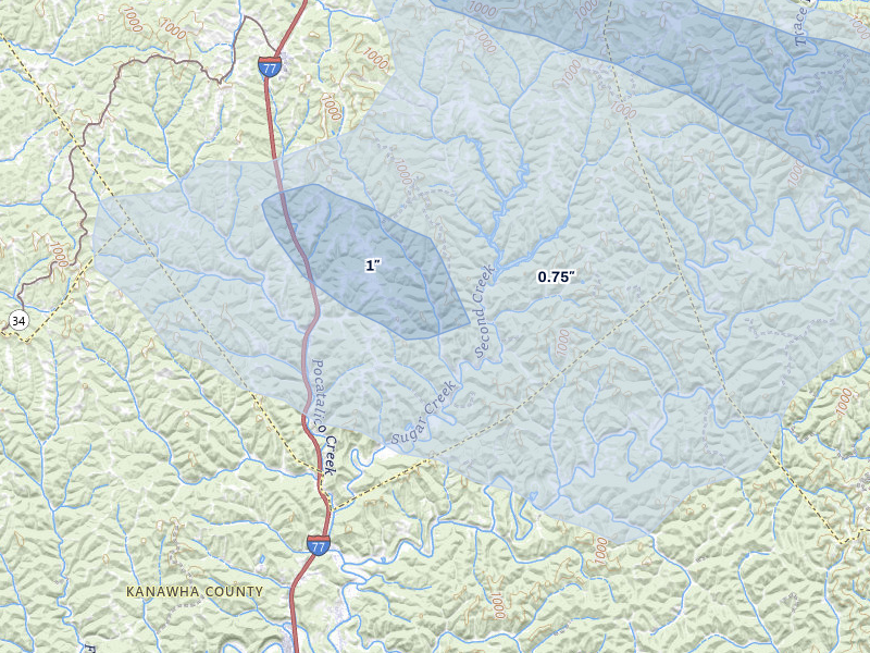NEXRAD radar-signature map of the hail storm over Kenna, WV on Aug 10, 2026