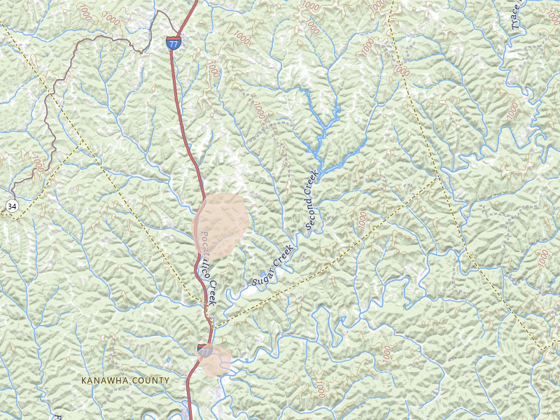Radar-estimated hail-size map of the storm over Kenna, WV on Aug 16, 2026