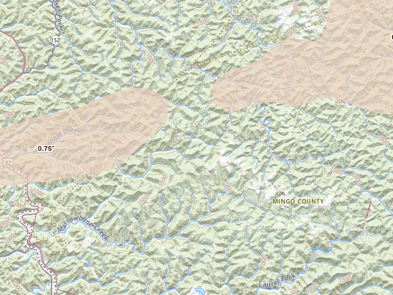 Radar-estimated hail-size map of the storm over Kermit, WV on Apr 1, 2026