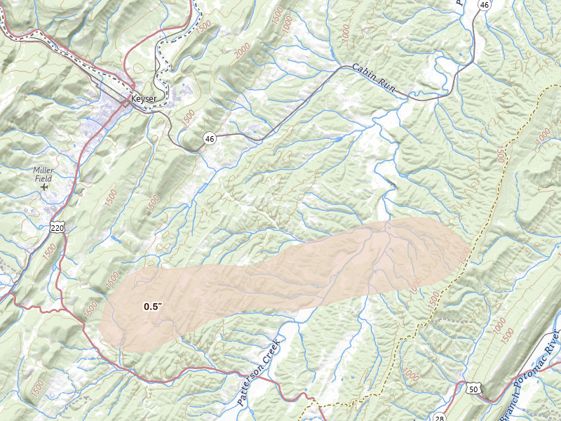 Radar-estimated hail-size map of the storm over Keyser, WV on Jul 17, 2026