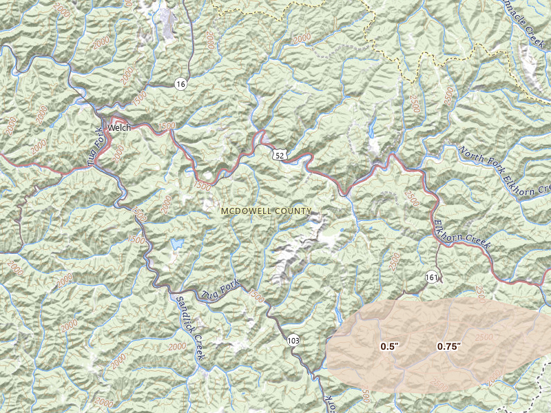 Radar-estimated hail-size map of the storm over Kimball, WV on Apr 1, 2026