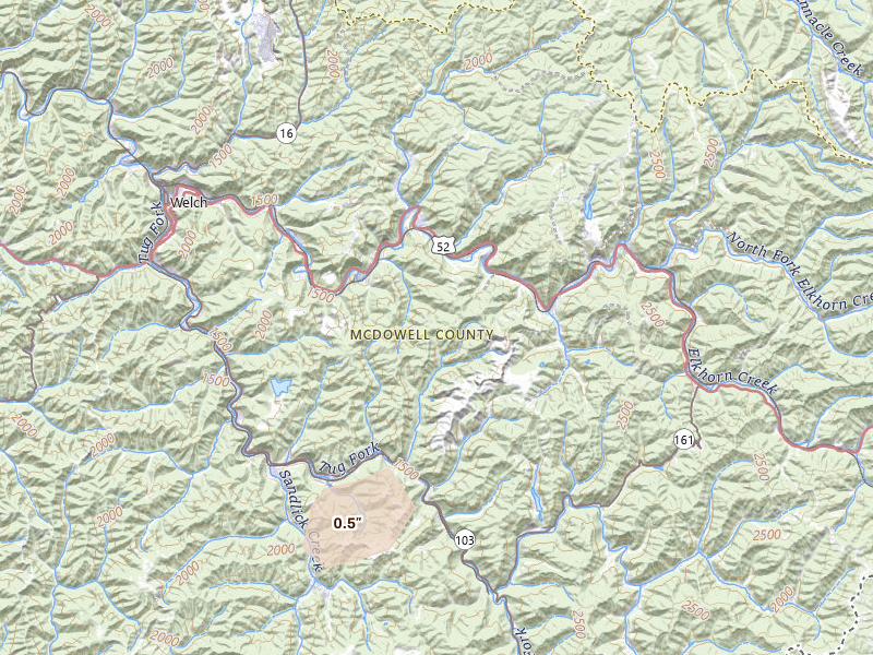 Radar-estimated hail-size map of the storm over Kimball, WV on May 20, 2026