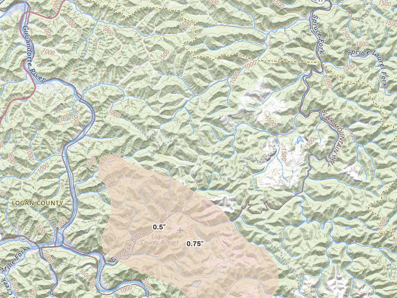 Radar-estimated hail-size map of the storm over Lake, WV on Aug 16, 2026