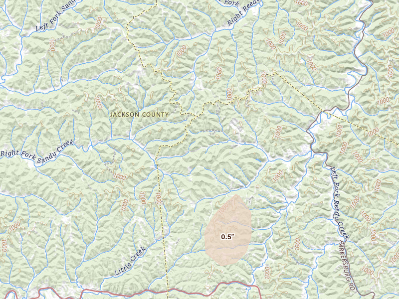 Radar-estimated hail-size map of the storm over Le Roy, WV on Aug 6, 2026