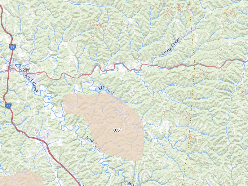Radar-estimated hail-size map of the storm over Le Roy, WV on Sep 4, 2026