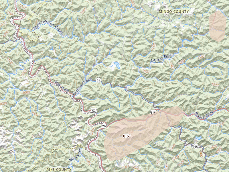 Radar-estimated hail-size map of the storm over Lenore, WV on Jul 4, 2026