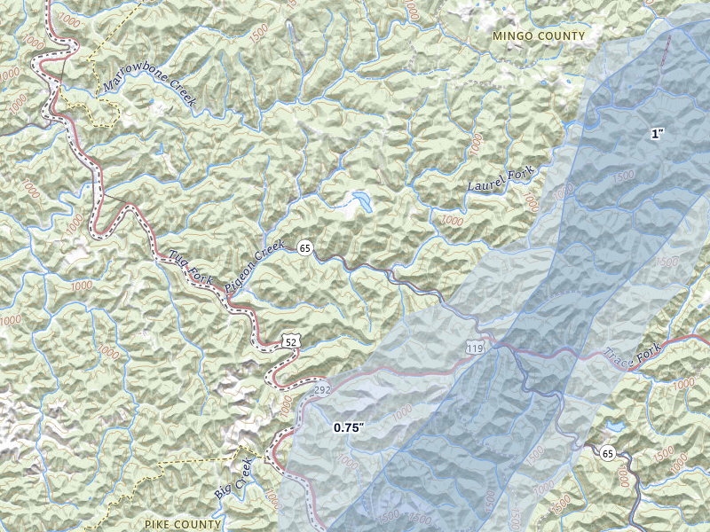 NEXRAD radar-signature map of the hail over Lenore, WV
