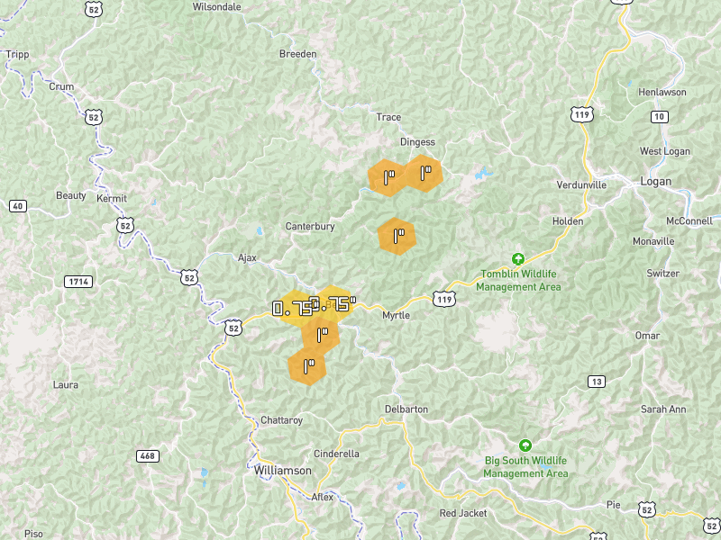 Hail map of Lenore, WV on Jul 5, 2026, hail up to 1"