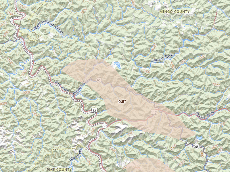 Radar-estimated hail-size map of the storm over Lenore, WV on Aug 11, 2026