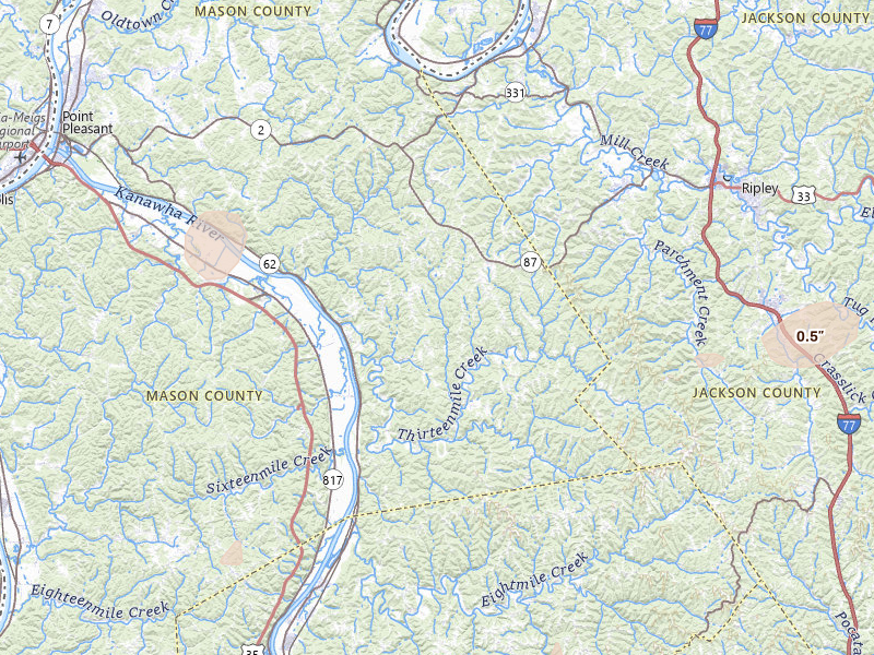 Radar-estimated hail-size map of the storm over Leon, WV on Jul 5, 2026