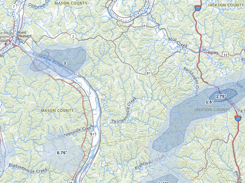 NEXRAD radar-signature map of the hail storm over Leon, WV on Jul 5, 2026