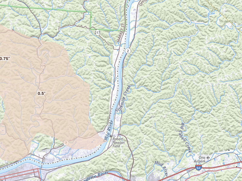 Radar-estimated hail-size map of the storm over Lesage, WV on Jul 21, 2026