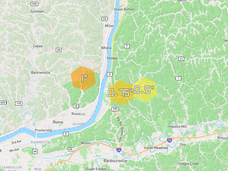 Hail map of Lesage, WV on Jul 21, 2026, hail up to 1"