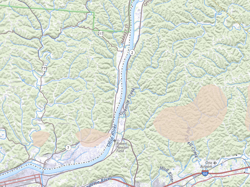 Radar-estimated hail-size map of the storm over Lesage, WV on Aug 16, 2026